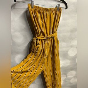 See You Monday Strapless‎ Belted Capri Romper Mustard Yellow Small